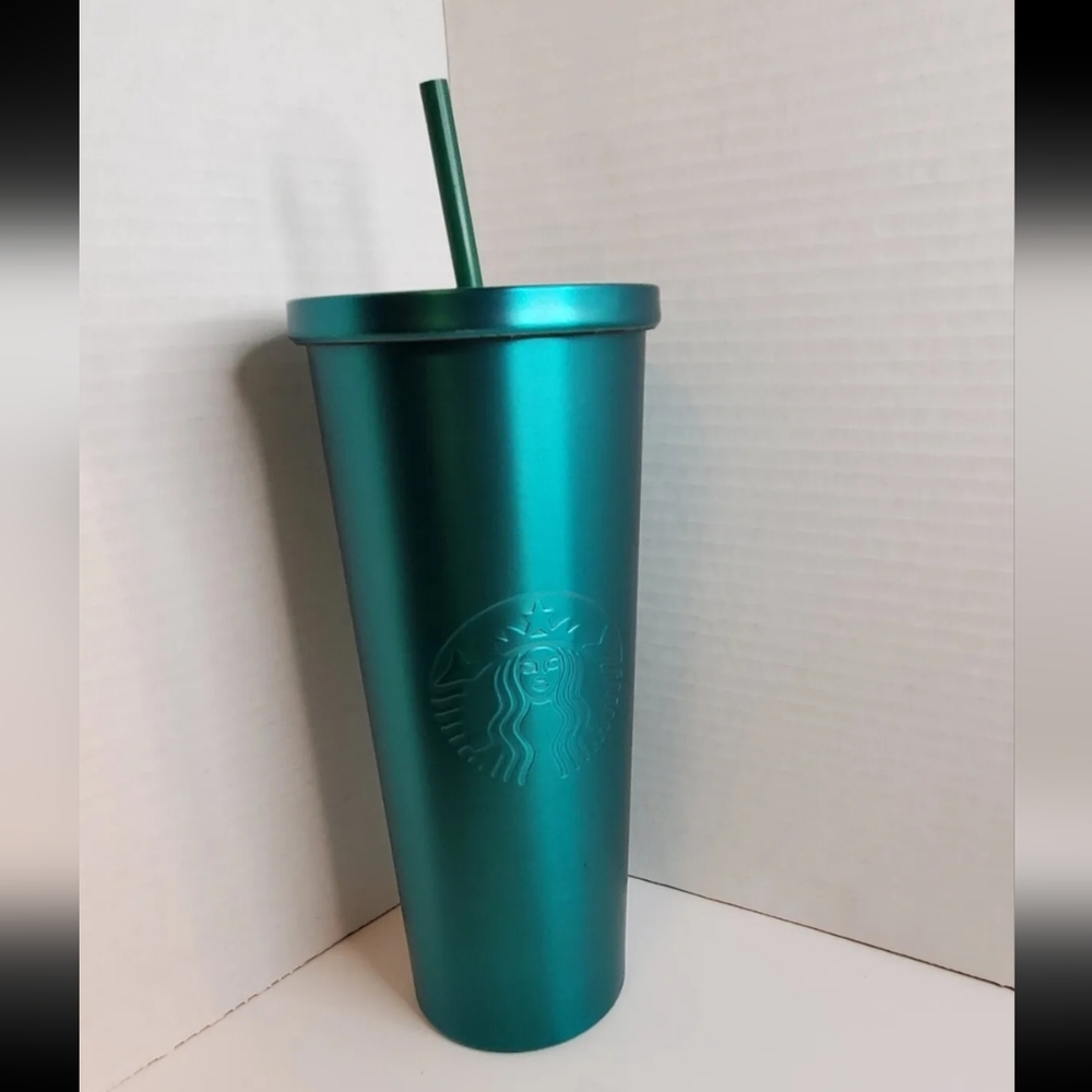 Starbucks 2015 Teal Green Tumbler w/ Straw Stainless Steel 9"